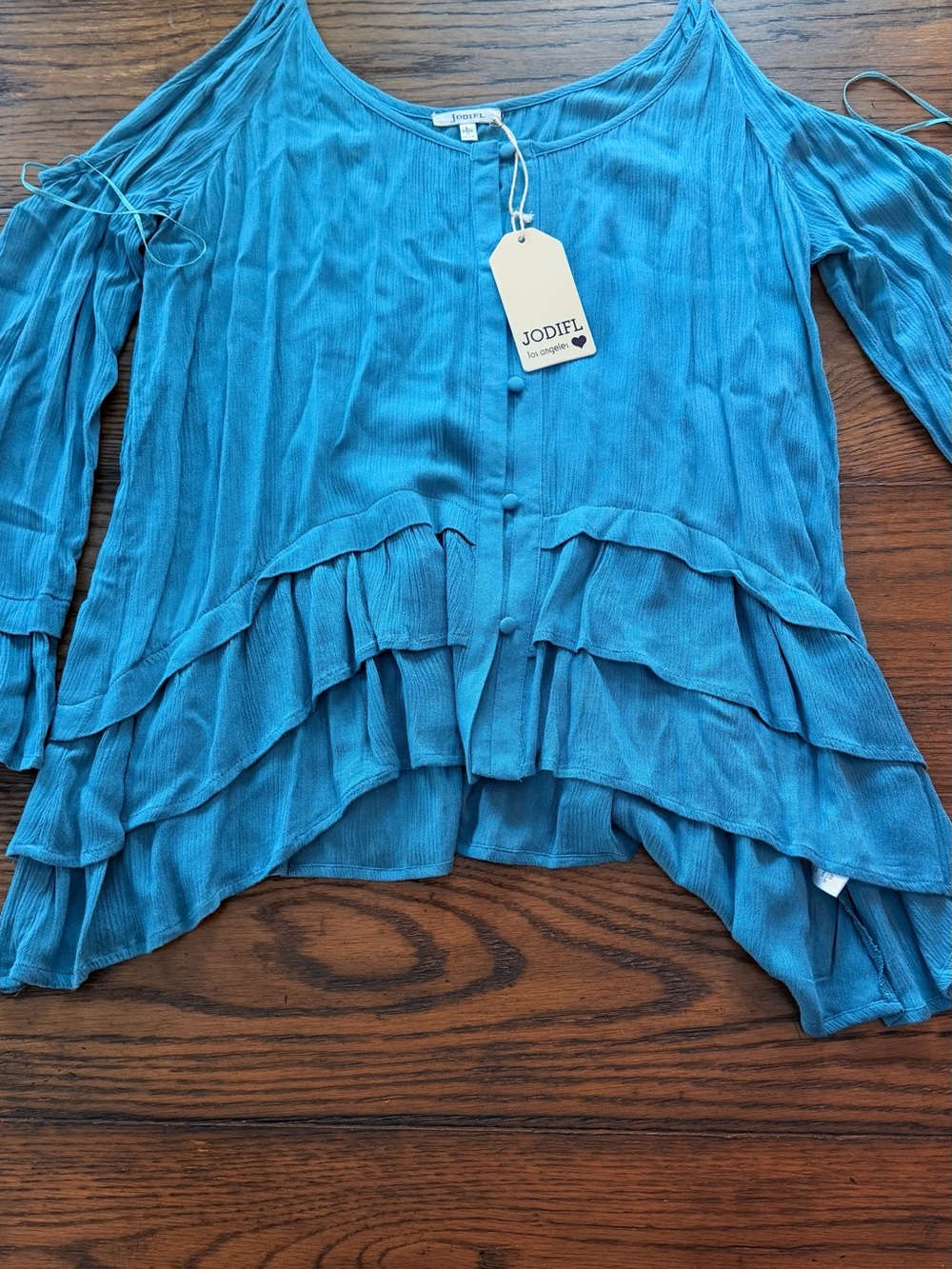 JODIFL Teal Ruffled Cold-Shoulder Blouse